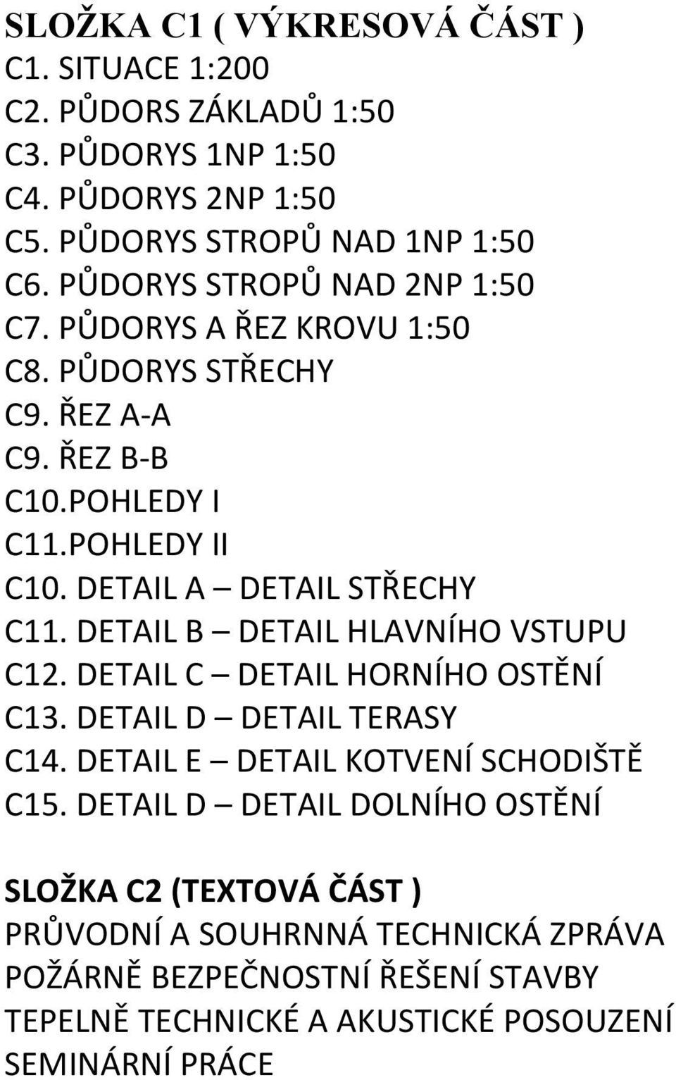 DETAIL A DETAIL STŘECHY C11. DETAIL B DETAIL HLAVNÍHO VSTUPU C12. DETAIL C DETAIL HORNÍHO OSTĚNÍ C13. DETAIL D DETAIL TERASY C14.