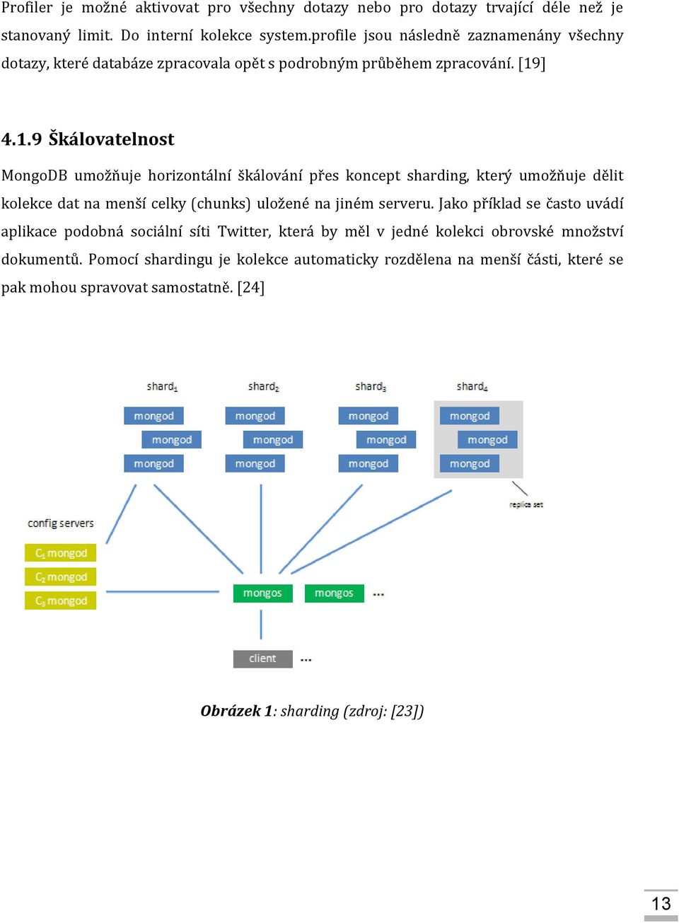 ] 4.1.9 Škálovatelnost MongoDB umožňuje horizontální škálování přes koncept sharding, který umožňuje dělit kolekce dat na menší celky (chunks) uložené na jiném serveru.