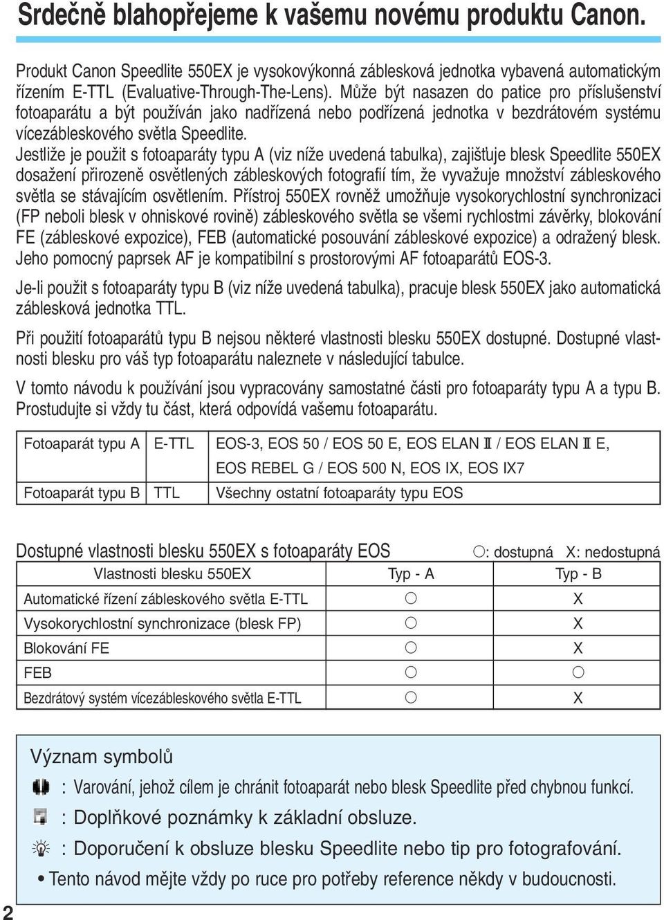 JestliÏe je pouïit s fotoaparáty typu A (viz níïe uvedená tabulka), zaji Èuje blesk Speedlite 550EX dosaïení pfiirozenû osvûtlen ch zábleskov ch fotografií tím, Ïe vyvaïuje mnoïství zábleskového