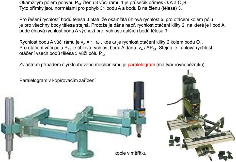 rychlost otáčení kliky 2, na které je i bod A, bude úhlová rychlost bodu A výchozí pro rychlosti dalších bodů tělesa 3. Rychlost bodu A vůči rámu je v A = r.