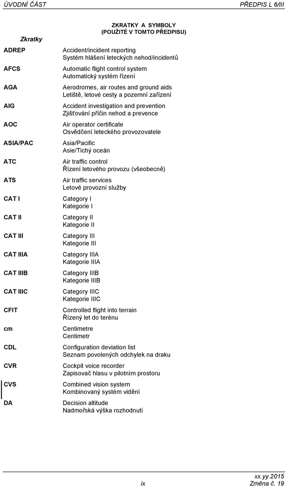 investigation and prevention Zjišťování příčin nehod a prevence Air operator certificate Osvědčení leteckého provozovatele Asia/Pacific Asie/Tichý oceán Air traffic control Řízení letového provozu