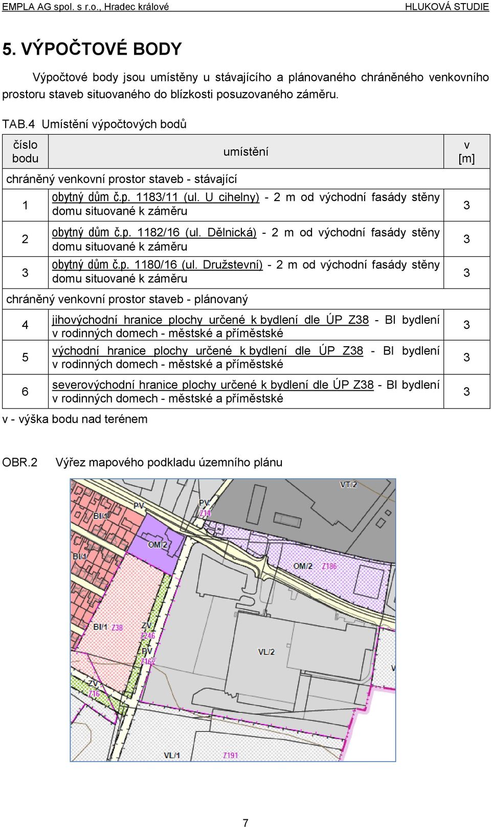 U cihelny) - 2 m od východní fasády stěny domu situované k záměru obytný dům č.p. 1182/16 (ul. Dělnická) - 2 m od východní fasády stěny domu situované k záměru obytný dům č.p. 1180/16 (ul.