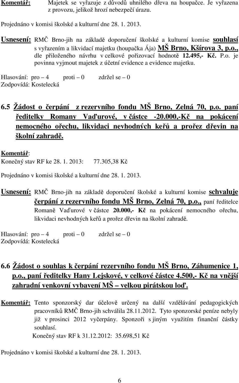 495,- Kč. P.o. je povinna vyjmout majetek z účetní evidence a evidence majetku. 6.5 Žádost o čerpání z rezervního fondu MŠ Brno, Zelná 70, p.o. paní ředitelky Romany Vaďurové, v částce -20.