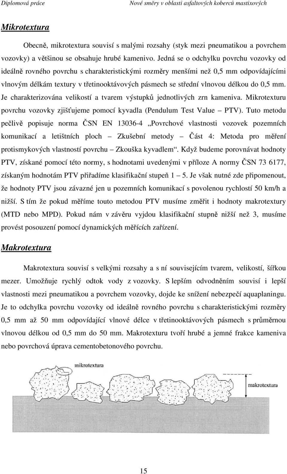 délkou do 0,5 mm. Je charakterizována velikostí a tvarem výstupků jednotlivých zrn kameniva. Mikrotexturu povrchu vozovky zjišťujeme pomocí kyvadla (Pendulum Test Value PTV).