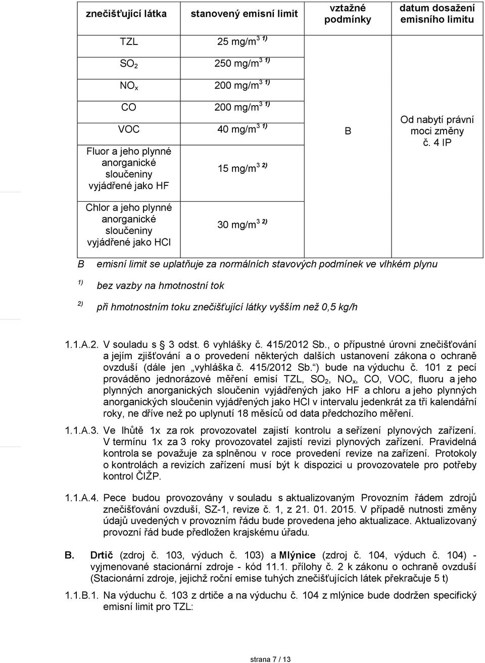 4 IP Chlor a jeho plynné anorganické sloučeniny vyjádřené jako HCl 30 mg/m 3 2) B 1) 2) emisní limit se uplatňuje za normálních stavových podmínek ve vlhkém plynu bez vazby na hmotnostní tok při