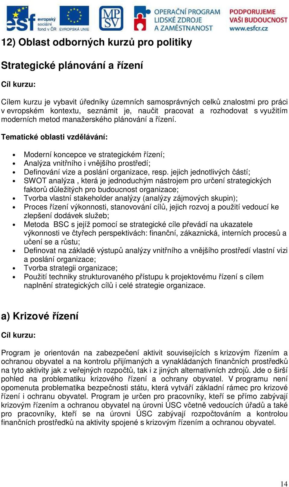 Moderní koncepce ve strategickém řízení; Analýza vnitřního i vnějšího prostředí; Definování vize a poslání organizace, resp.