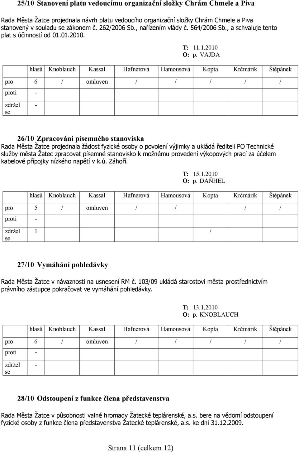 VAJDA 26/10 Zpracování pímného stanoviska Rada Města Žatce projednala žádost fyzické osoby o povolení výjimky a ukládá řediteli PO Technické služby města Žatec zpracovat pímné stanovisko k možnému