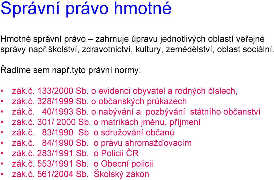 o evidenci obyvatel a rodných číslech, zák.č. 328/1999 Sb. o občanských průkazech zák.č. 40/1993 Sb. o nabývání a pozbývání státního občanství zák.č. 301/ 2000 Sb.