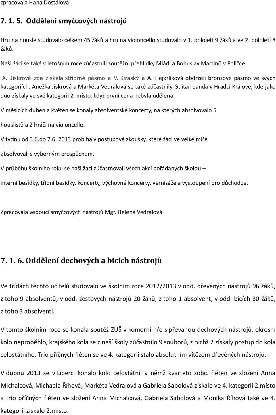 Hejkrlíková obdrželi bronzové pásmo ve svých kategoriích. Anežka Jiskrová a Markéta Vedralová se také zúčastnily Guitarreanda v Hradci Králové, kde jako duo získaly ve své kategorii 2.