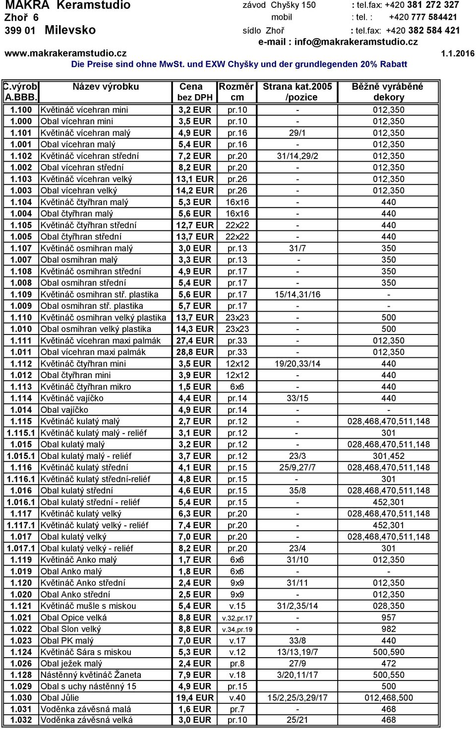 100 Květináč vícehran mini 3,2 EUR pr.10-012,350 1.000 Obal vícehran mini 3,5 EUR pr.10-012,350 1.101 Květináč vícehran malý 4,9 EUR pr.16 29/1 012,350 1.001 Obal vícehran malý 5,4 EUR pr.