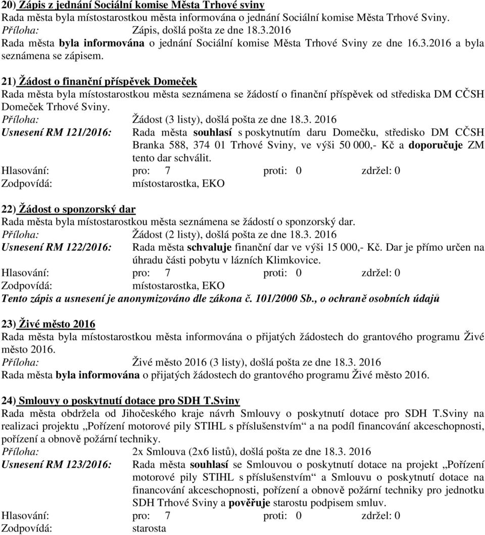 21) Žádost o finanční příspěvek Domeček Rada města byla místostarostkou města seznámena se žádostí o finanční příspěvek od střediska DM CČSH Domeček Trhové Sviny.