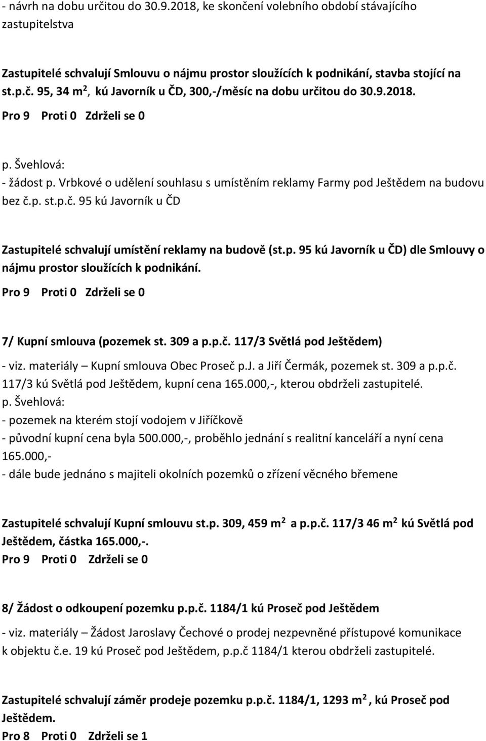 p. 95 kú Javorník u ČD) dle Smlouvy o nájmu prostor sloužících k podnikání. 7/ Kupní smlouva (pozemek st. 309 a p.p.č. 117/3 Světlá pod Ještědem) - viz. materiály Kupní smlouva Obec Proseč p.j. a Jiří Čermák, pozemek st.