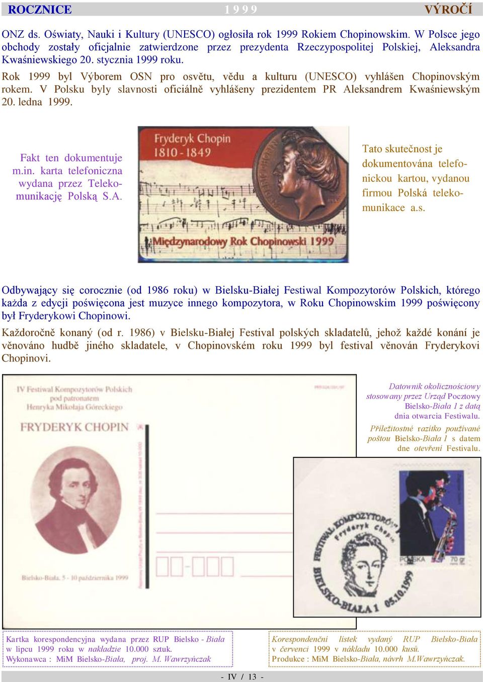 Rok 1999 byl Výborem OSN pro osvětu, vědu a kulturu (UNESCO) vyhlášen Chopinovským rokem. V Polsku byly slavnosti oficiálně vyhlášeny prezidentem PR Aleksandrem Kwaśniewským 20. ledna 1999.