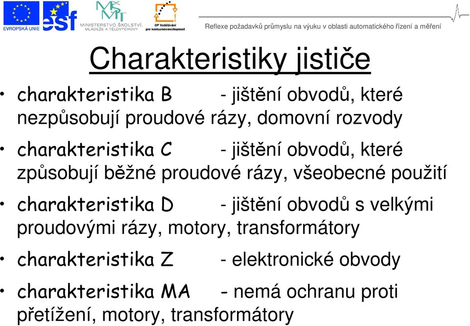 použití charakteristika D - jištění obvodů s velkými proudovými rázy, motory, transformátory