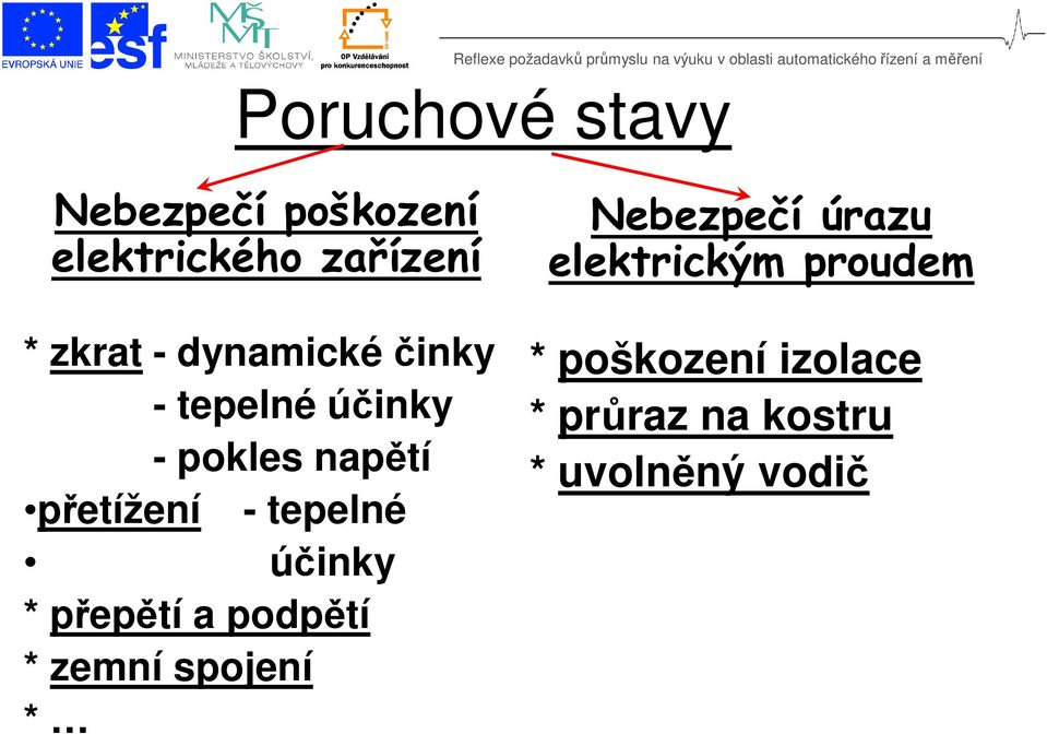 účinky * přepětí a podpětí * zemní spojení * Nebezpečí úrazu