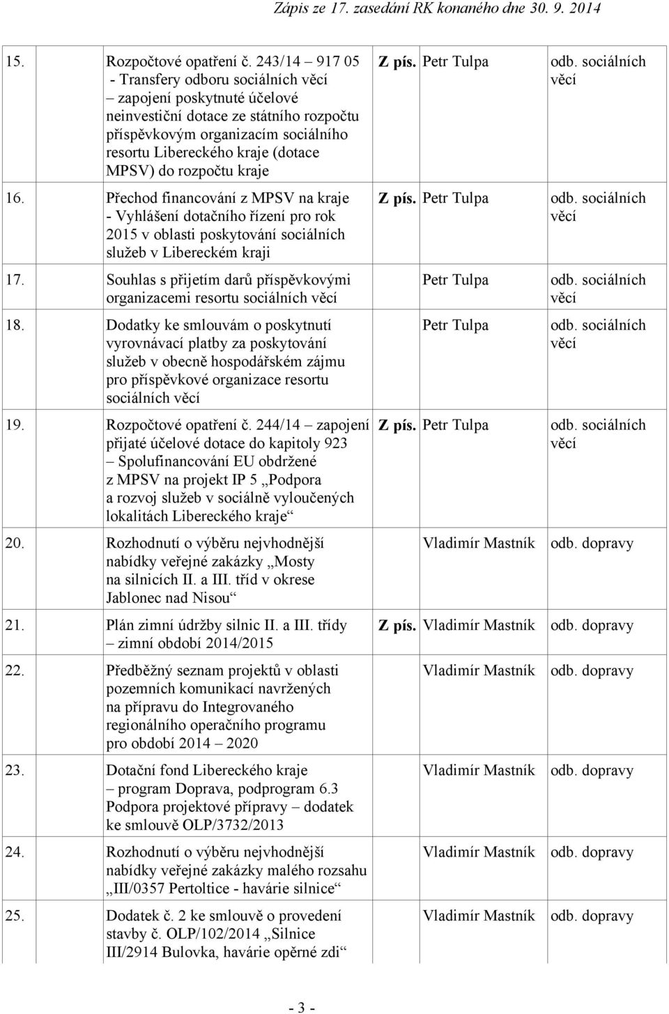 rozpočtu kraje 16. Přechod financování z MPSV na kraje - Vyhlášení dotačního řízení pro rok 2015 v oblasti poskytování sociálních služeb v Libereckém kraji 17.