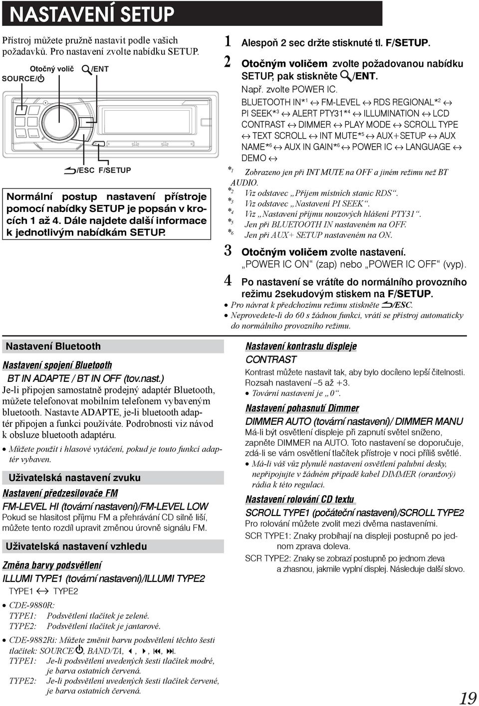 1 Alespoň 2 sec držte stisknuté tl. F/SETUP. 2 Otočným voličem zvolte požadovanou nabídku SETUP, pak stiskněte /ENT. Např. zvolte POWER IC.