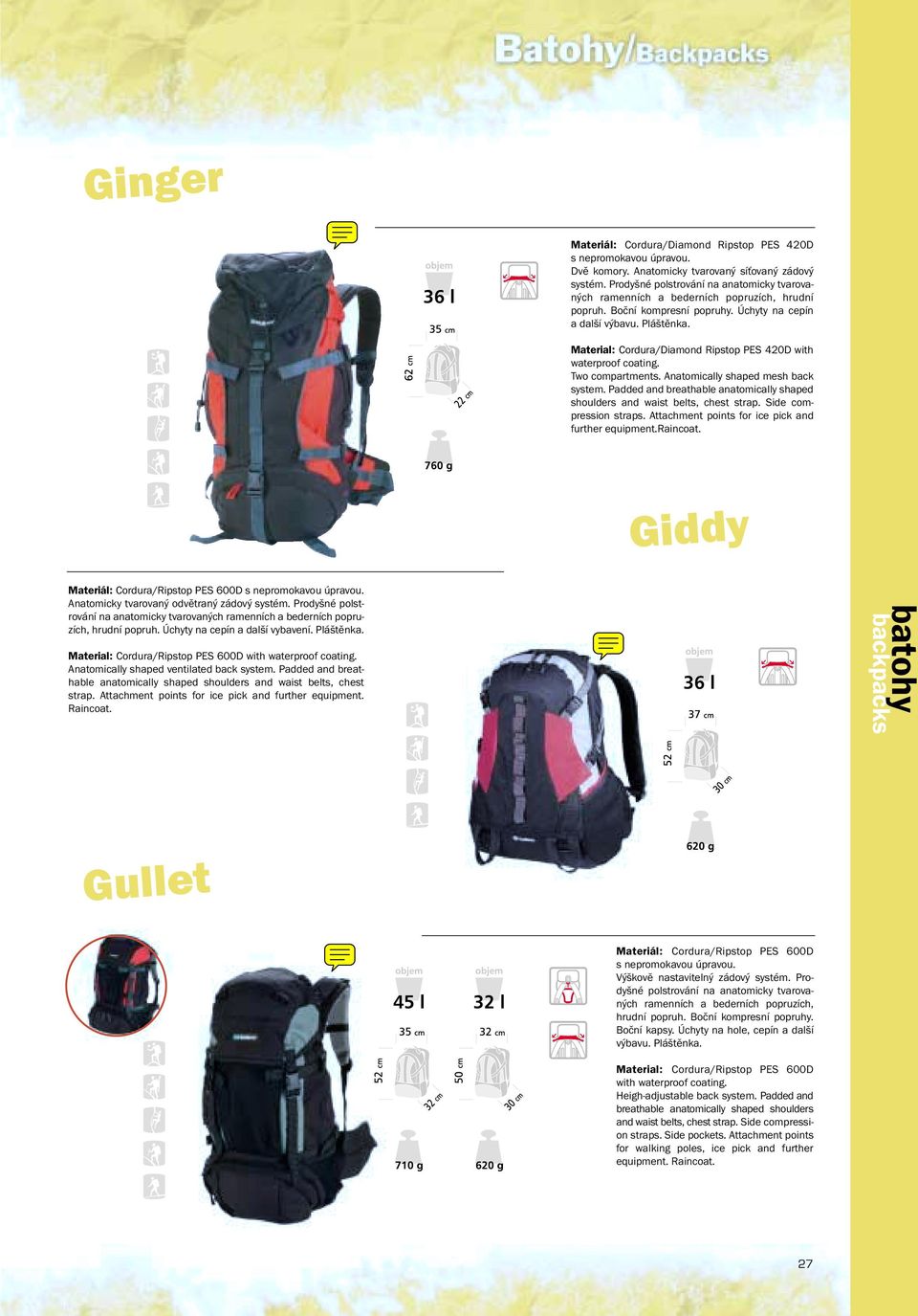 Material: Cordura/Diamond Ripstop PES 420D with waterproof coating. Two compartments. Anatomically shaped mesh back system.