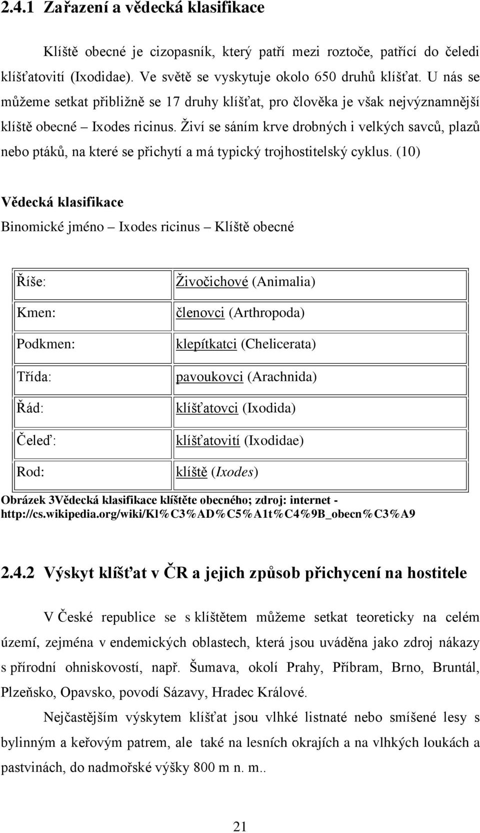 Živí se sáním krve drobných i velkých savců, plazů nebo ptáků, na které se přichytí a má typický trojhostitelský cyklus.