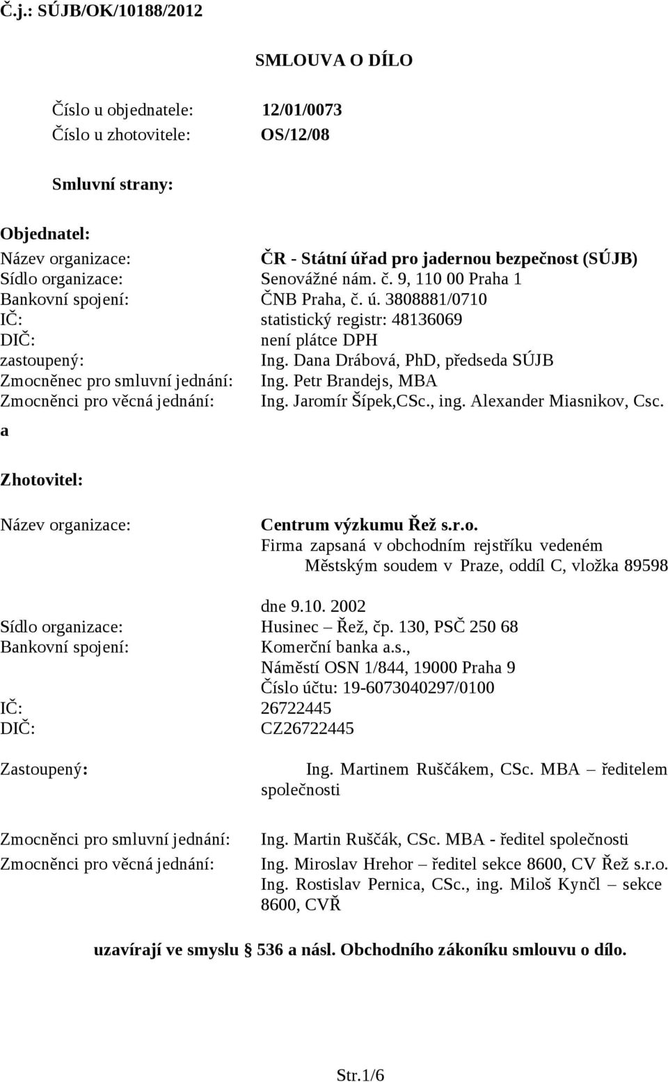 Dana Drábová, PhD, předseda SÚJB Zmocněnec pro smluvní jednání: Ing. Petr Brandejs, MBA Zmocněnci pro věcná jednání: Ing. Jaromír Šípek,CSc., ing. Alexander Miasnikov, Csc.