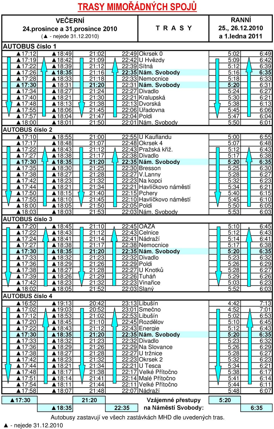 Svobody 5:16 6:35 17:28 18:33 21:18 22:33 Nemocnice 5:18 6:33 17:30 18:31 21:20 22:31 Nám.