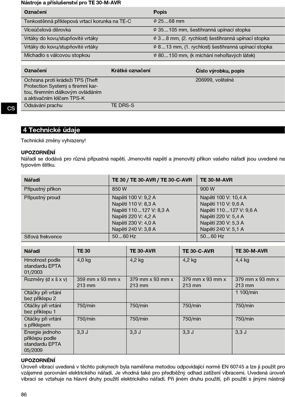 látek) Označení Krátké označení Ochrana proti krádeži TPS (Theft Protection System) s firemní kartou, firemním dálkovým ovládáním a aktivačním klíčem TPS K Odsávání prachu Číslo výrobku, popis