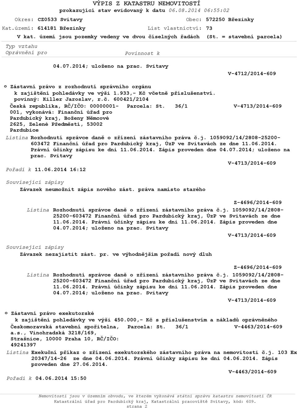 Svitavy V-4712/2014-609 o Zástavní právo z rozhodnutí správního orgánu k zajištění pohledávky ve výši 1.933,- Kč včetně příslušenství. povinný: Killer Jaroslav, r.č. 600421/2104 Česká republika, RČ/IČO: 00000001- Parcela: St.