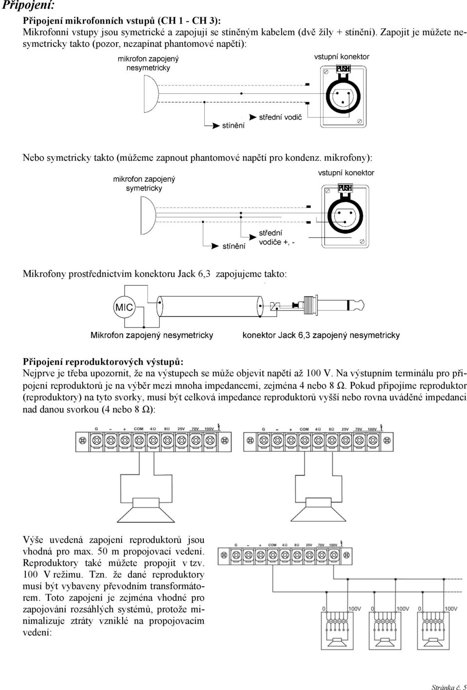 mikrofony): Mikrofony prostřednictvím konektoru Jack 6,3 zapojujeme takto: Připojení reproduktorových výstupů: Nejprve je třeba upozornit, že na výstupech se může objevit napětí až 100 V.