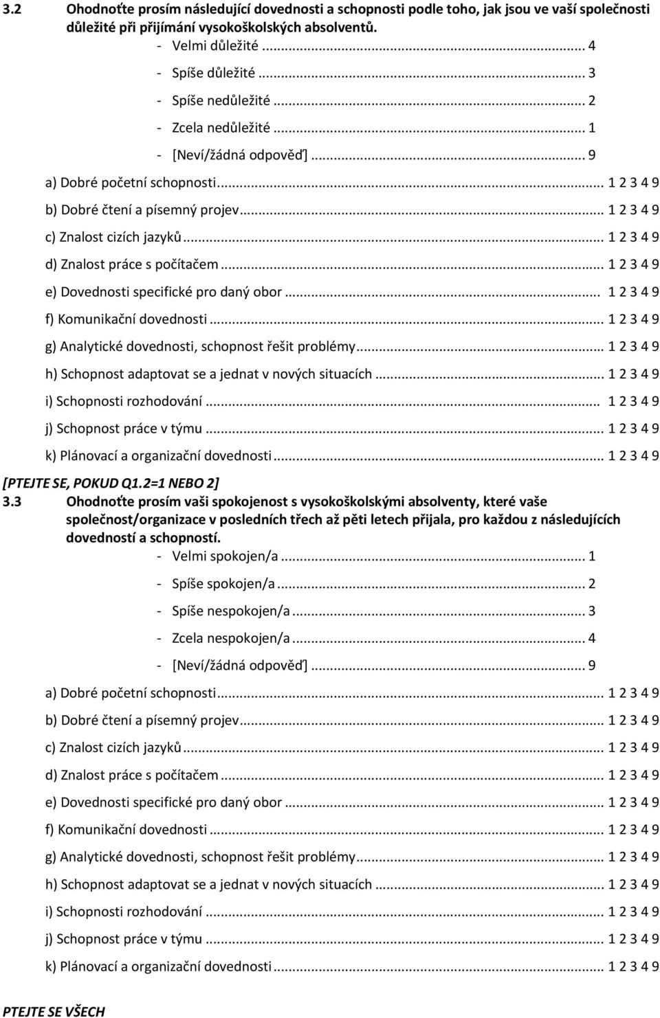 .. 1 2 3 4 9 e) Dovednosti specifické pro daný obor... 1 2 3 4 9 f) Komunikační dovednosti... 1 2 3 4 9 g) Analytické dovednosti, schopnost řešit problémy.