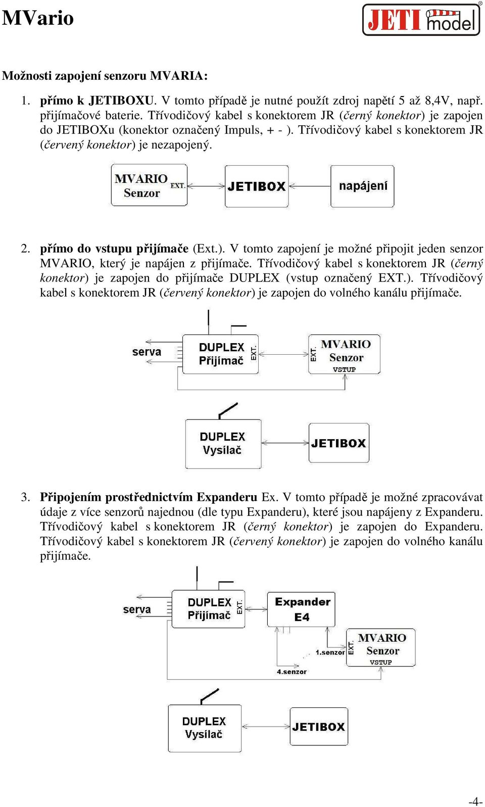 přímo do vstupu přijímače (Ext.). V tomto zapojení je možné připojit jeden senzor MVARIO, který je napájen z přijímače.