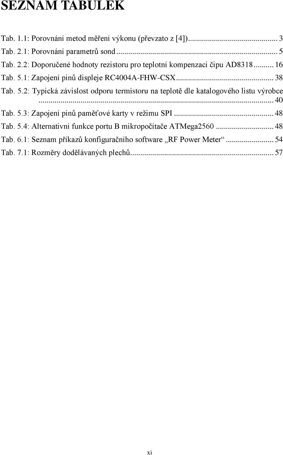 .. 38 Tab. 5.2: Typická závislost odporu termistoru na teplotě dle katalogového listu výrobce... 40 Tab. 5.3: Zapojení pinů paměťové karty v režimu SPI.