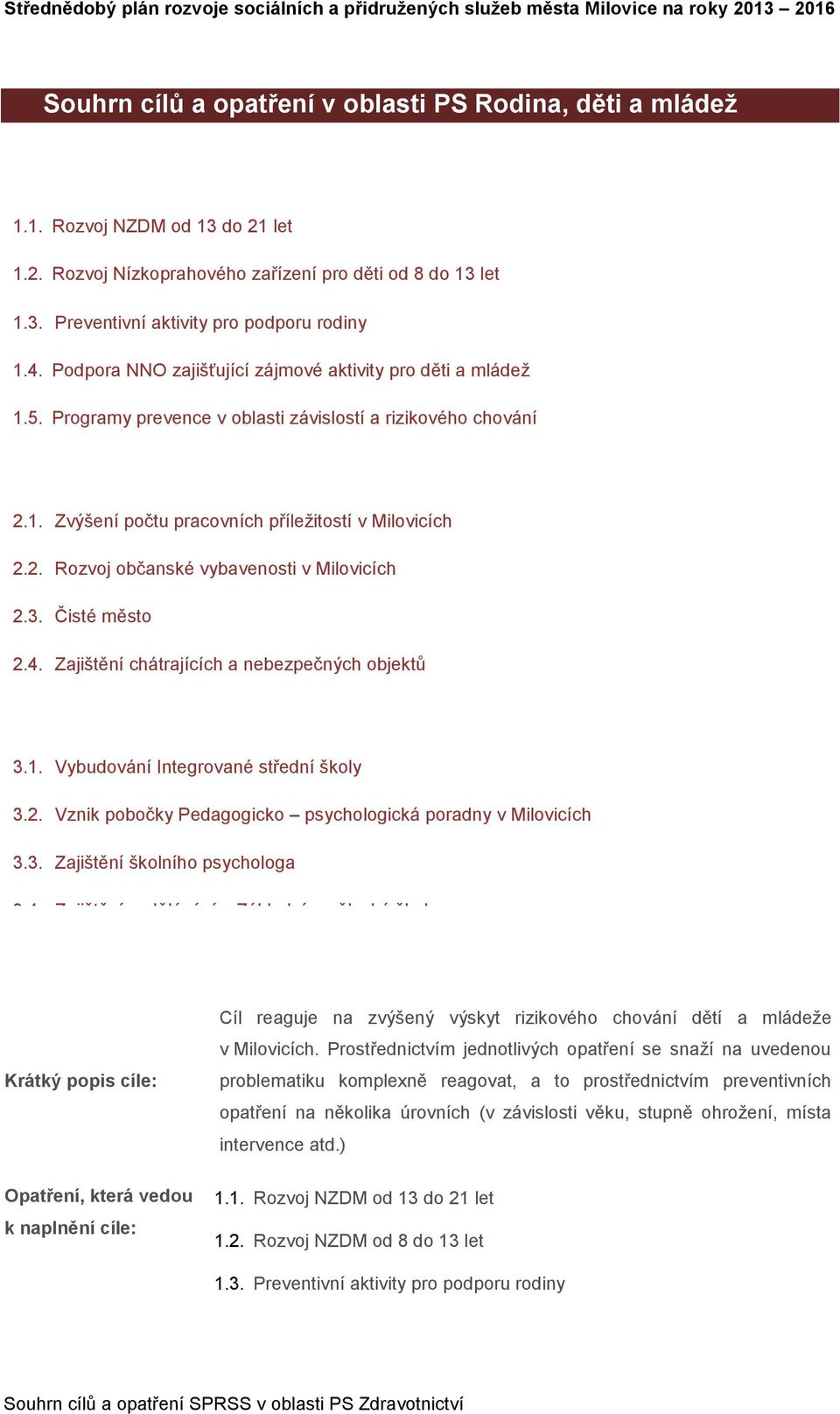 Programy prevence v oblasti závislostí a rizikového chování 2. Rozvoj občanské vybavenosti a kvality života v Milovicích 2.1. Zvýšení počtu pracovních příležitostí v Milovicích 2.2. Rozvoj občanské vybavenosti v Milovicích 2.