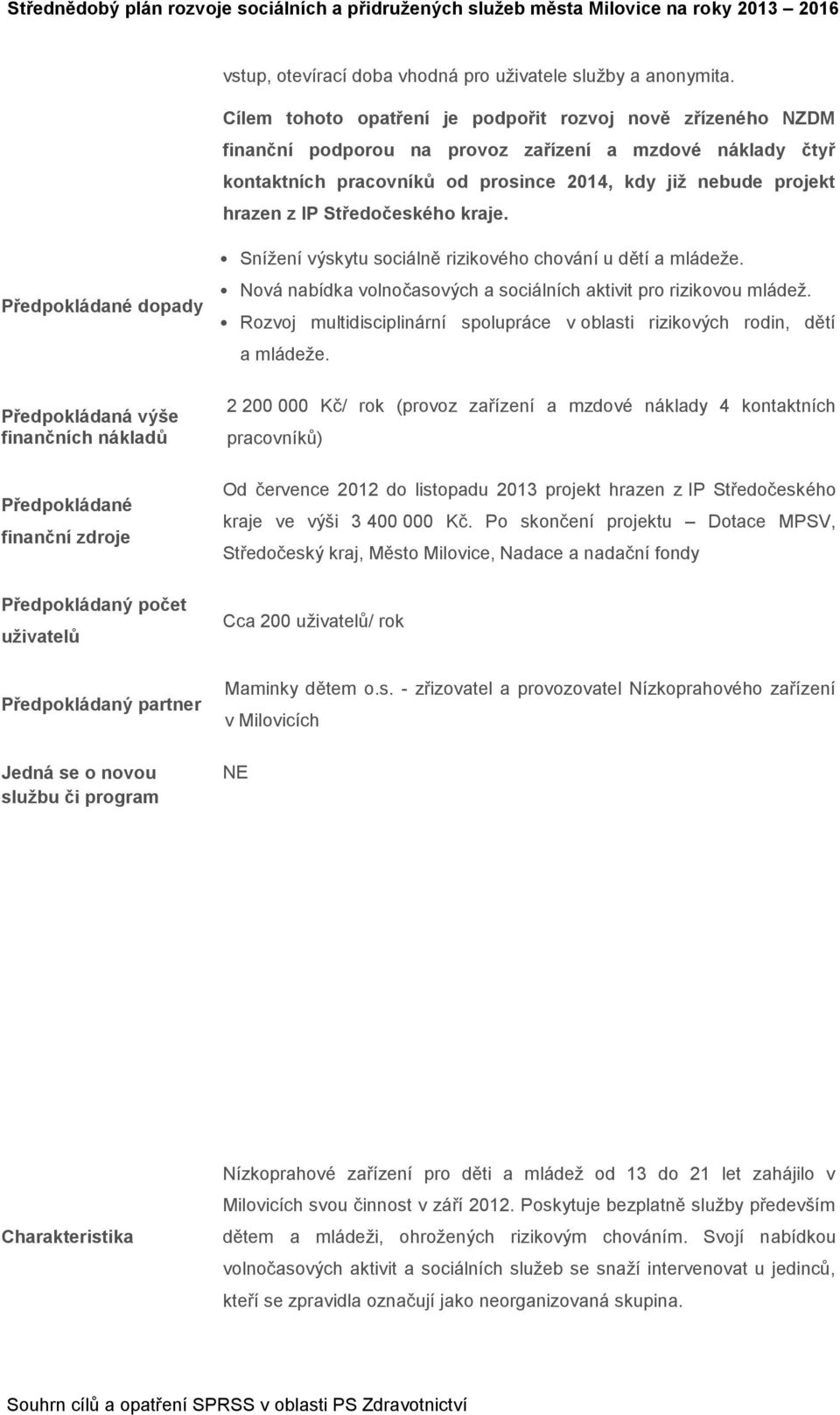 Středočeského kraje. Snížení výskytu sociálně rizikového chování u dětí a mládeže. Nová nabídka volnočasových a sociálních aktivit pro rizikovou mládež.