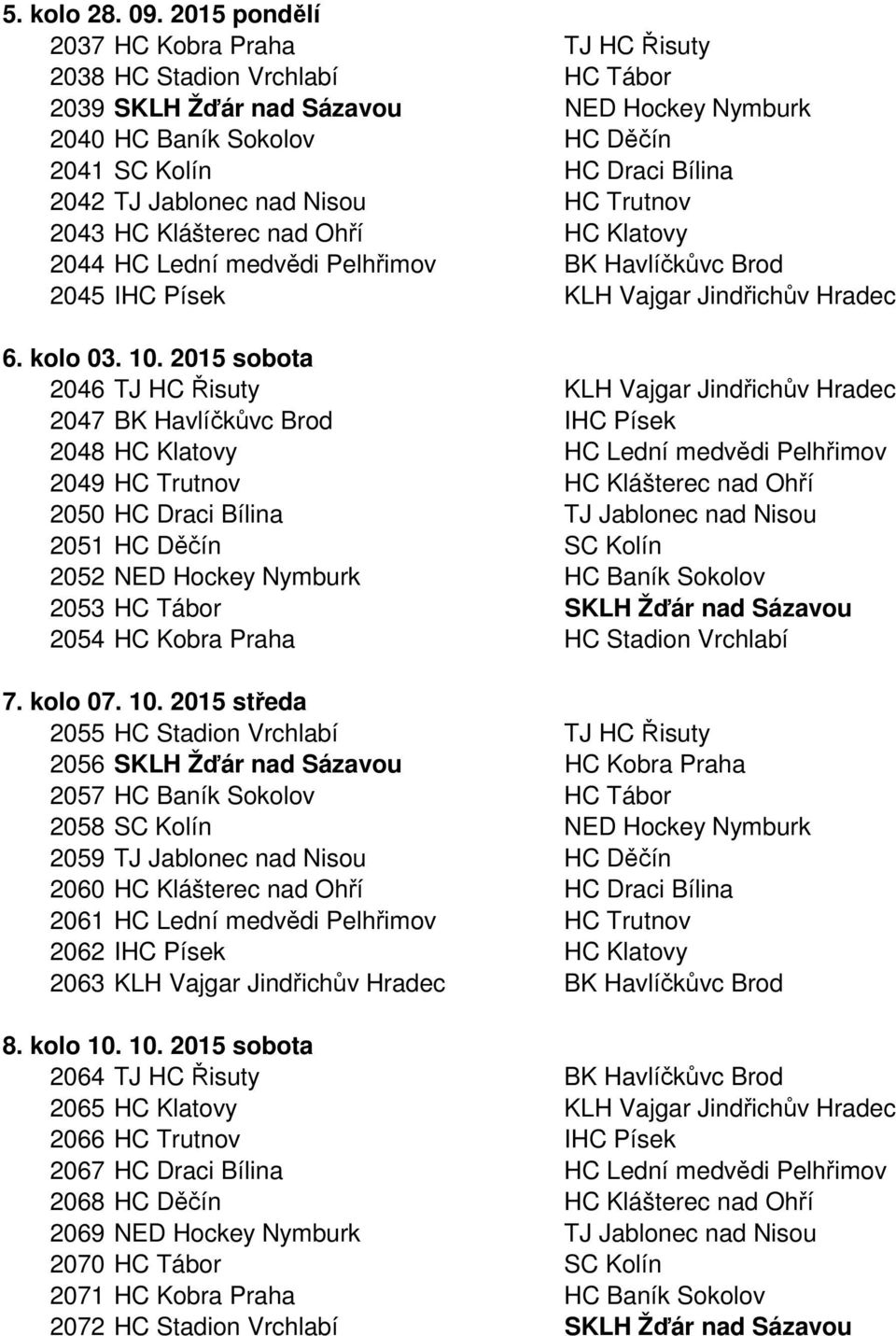 Jablonec nad Nisou HC Trutnov 2043 HC Klášterec nad Ohří HC Klatovy 2044 HC Lední medvědi Pelhřimov BK Havlíčkůvc Brod 2045 IHC Písek KLH Vajgar Jindřichův Hradec 6. kolo 03. 10.