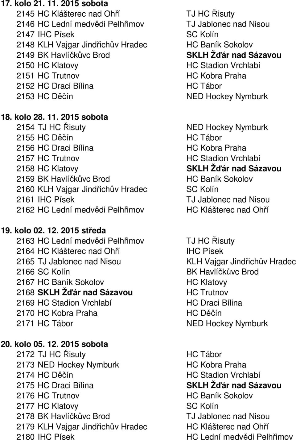 Brod SKLH Žďár nad Sázavou 2150 HC Klatovy HC Stadion Vrchlabí 2151 HC Trutnov HC Kobra Praha 2152 HC Draci Bílina HC Tábor 2153 HC Děčín NED Hockey Nymburk 18. kolo 28. 11.