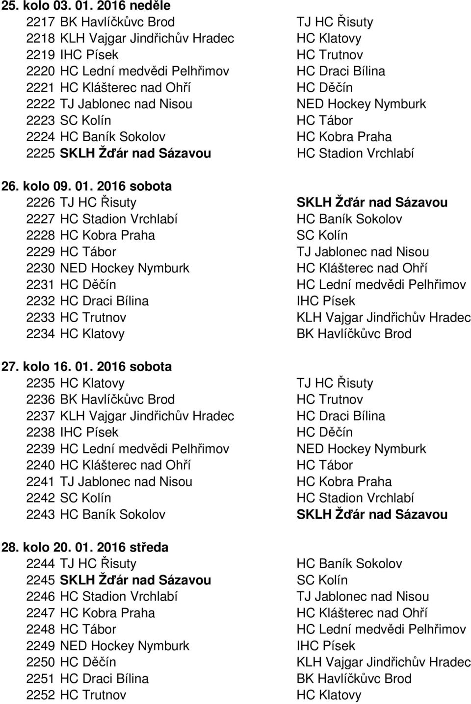 Děčín 2222 TJ Jablonec nad Nisou NED Hockey Nymburk 2223 SC Kolín HC Tábor 2224 HC Baník Sokolov HC Kobra Praha 2225 SKLH Žďár nad Sázavou HC Stadion Vrchlabí 26. kolo 09. 01.