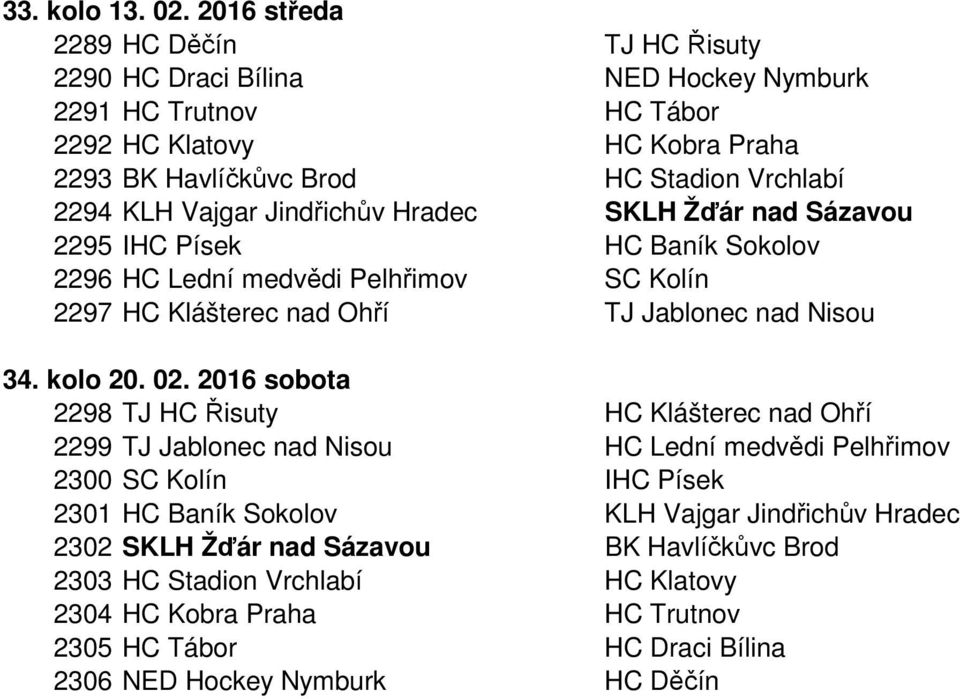 KLH Vajgar Jindřichův Hradec SKLH Žďár nad Sázavou 2295 IHC Písek HC Baník Sokolov 2296 HC Lední medvědi Pelhřimov SC Kolín 2297 HC Klášterec nad Ohří TJ Jablonec nad Nisou 34. kolo 20.