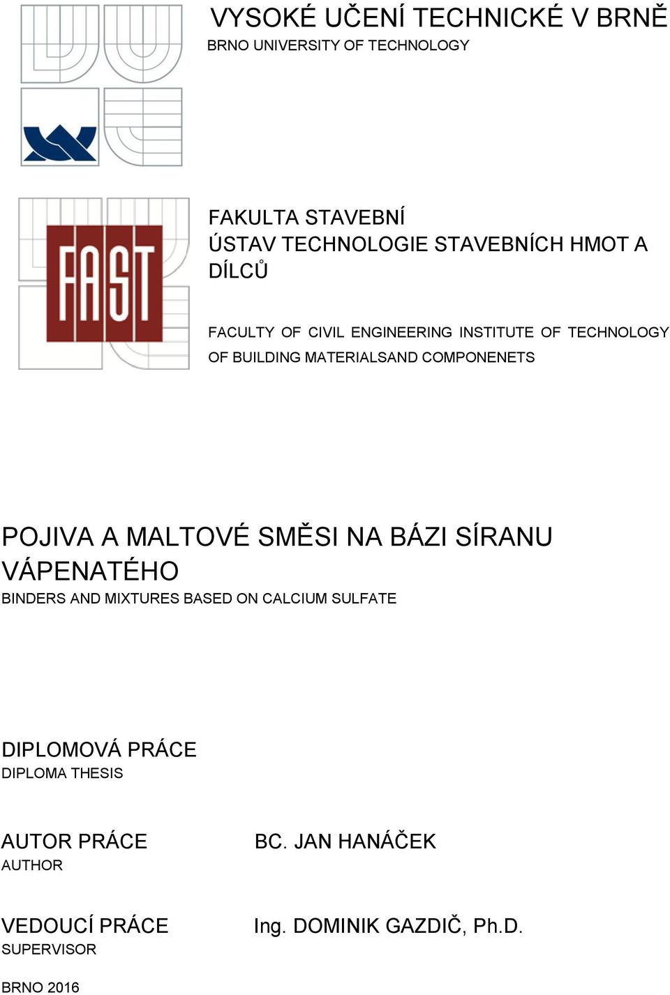 POJIVA A MALTOVÉ SMĚSI NA BÁZI SÍRANU VÁPENATÉHO BINDERS AND MIXTURES BASED ON CALCIUM SULFATE DIPLOMOVÁ