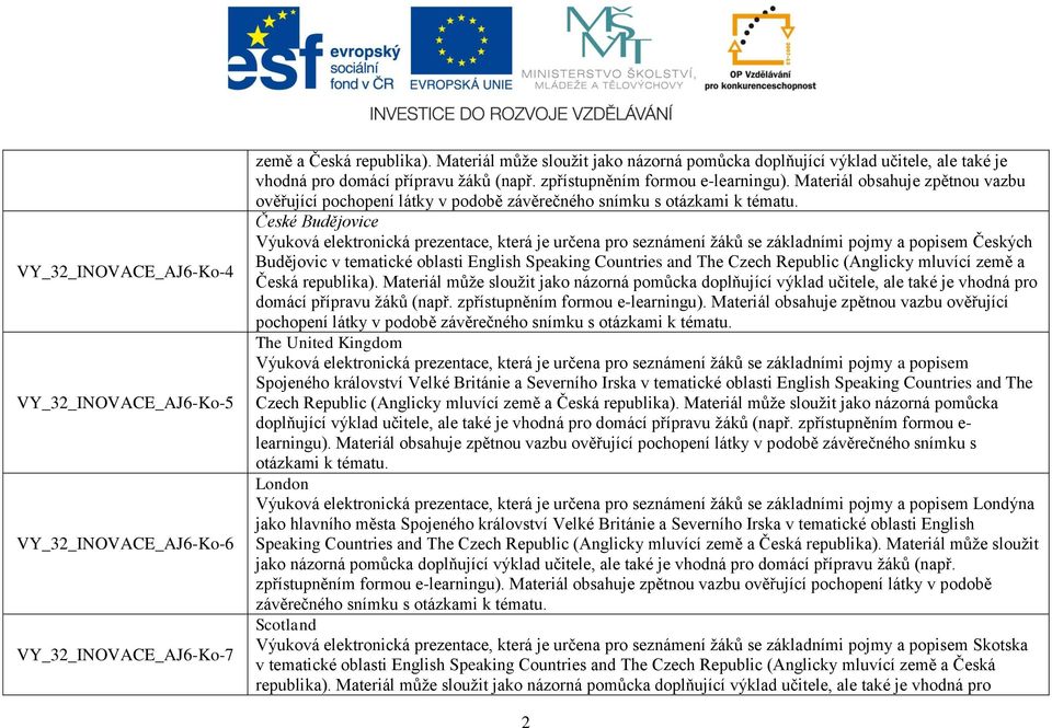 mluvící země a Česká republika). Materiál může sloužit jako názorná pomůcka doplňující výklad učitele, ale také je vhodná pro domácí přípravu žáků (např. zpřístupněním formou e- learningu).