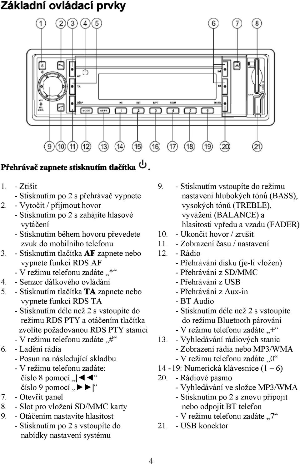 tlačítka AF zapnete nebo vypnete funkci RDS AF - V režimu telefonu zadáte * - Senzor dálkového ovládání - Stisknutím tlačítka TA zapnete nebo vypnete funkci RDS TA - Stisknutím déle než 2 s vstoupíte