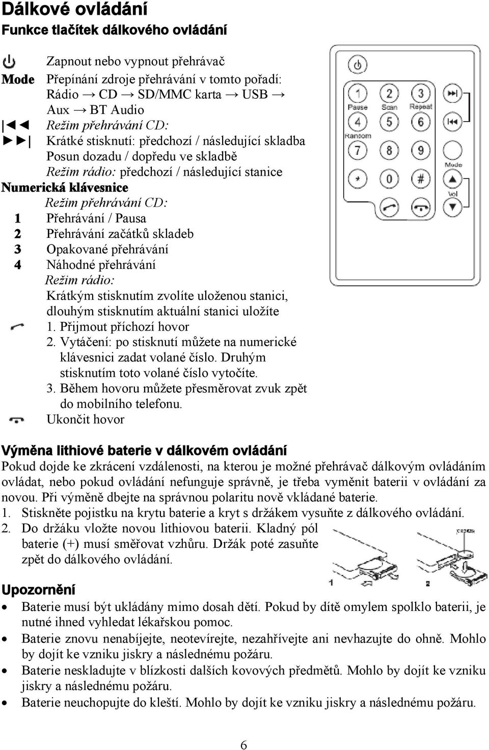 začátků skladeb 3 Opakované přehrávání 4 Náhodné přehrávání Režim rádio: Krátkým stisknutím zvolíte uloženou stanici, dlouhým stisknutím aktuální stanici uložíte 1. Přijmout příchozí hovor 2.