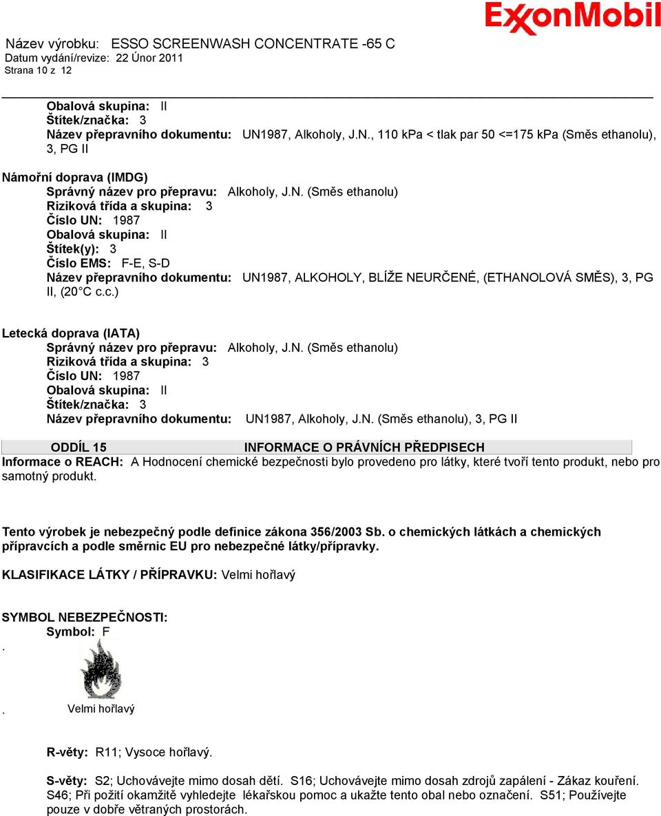 PG II, (20 C c.c.) Letecká doprava (IATA) Správný název pro přepravu: Alkoholy, J.N.