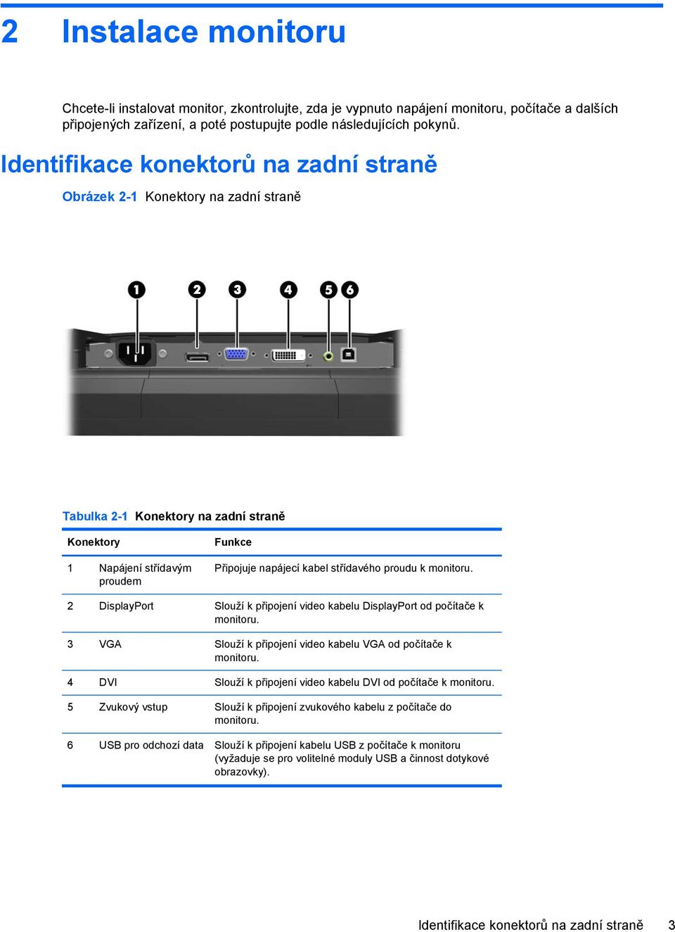 proudu k monitoru. 2 DisplayPort Slouží k připojení video kabelu DisplayPort od počítače k monitoru. 3 VGA Slouží k připojení video kabelu VGA od počítače k monitoru.