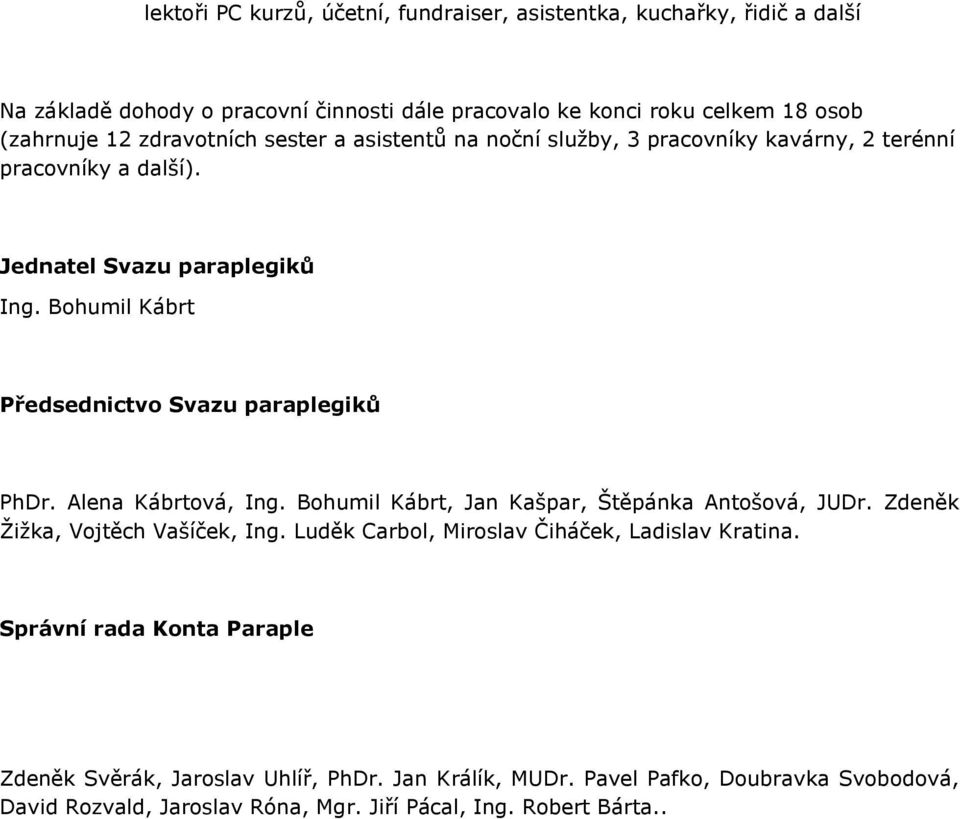 Bohumil Kábrt Předsednictvo Svazu paraplegiků PhDr. Alena Kábrtová, Ing. Bohumil Kábrt, Jan Kašpar, Štěpánka Antošová, JUDr. Zdeněk Ţiţka, Vojtěch Vašíček, Ing.