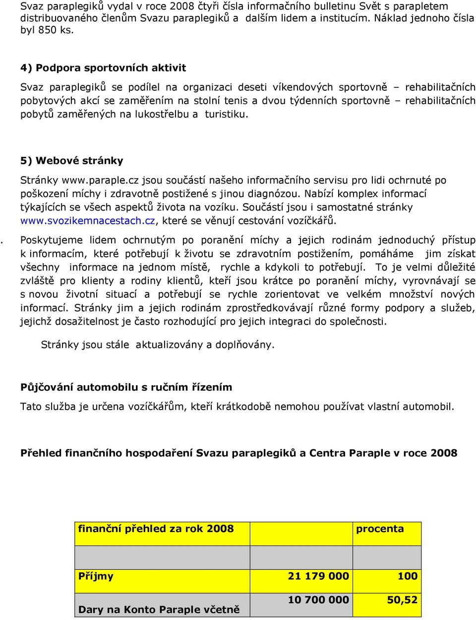 rehabilitačních pobytů zaměřených na lukostřelbu a turistiku. 5) Webové stránky Stránky www.paraple.