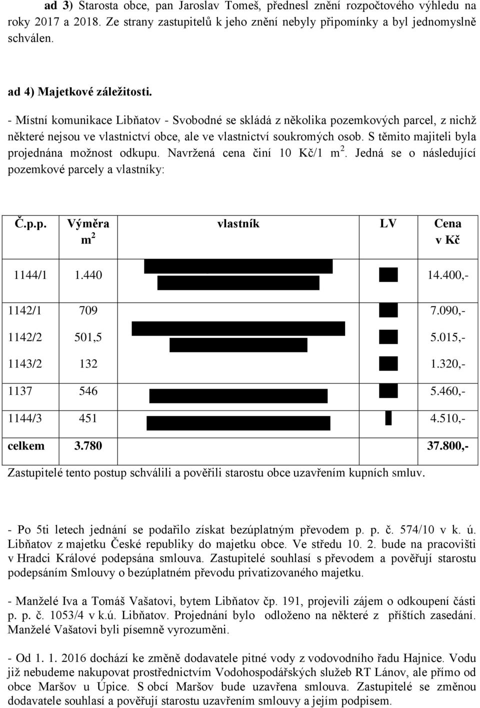 S těmito majiteli byla projednána možnost odkupu. Navržená cena činí 10 Kč/1 m 2. Jedná se o následující pozemkové parcely a vlastníky: Č.p.p. Výměra vlastník LV Cena m 2 v Kč 1144/1 1.