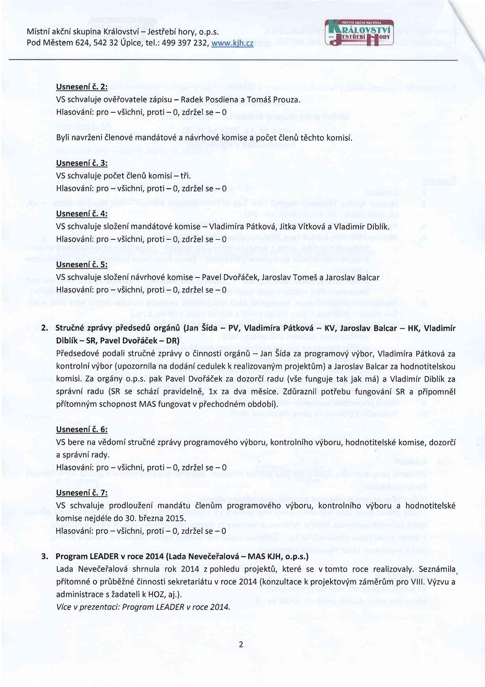 Hlasovdni: pro - viichni, proti - 0, zdrzel se - O Usneseni f. 4: VS schvaluje slozeni manddtov6 komise - Vladimira PdtkovS, Jitka Vitkovii a Vladimir Diblik.