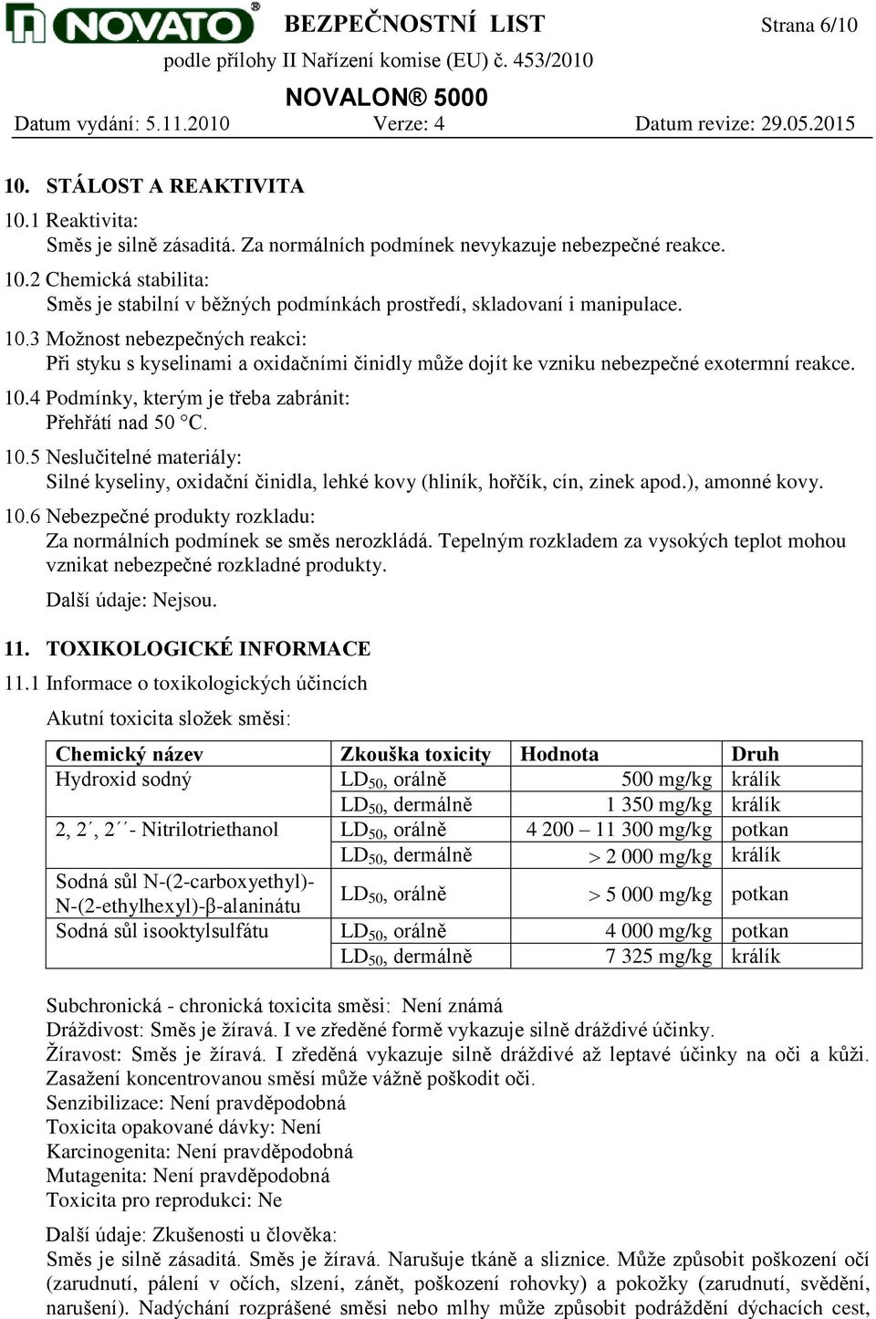 4 Podmínky, kterým je třeba zabránit: Přehřátí nad 50 C. 10.5 Neslučitelné materiály: Silné kyseliny, oxidační činidla, lehké kovy (hliník, hořčík, cín, zinek apod.), amonné kovy. 10.6 Nebezpečné produkty rozkladu: Za normálních podmínek se směs nerozkládá.