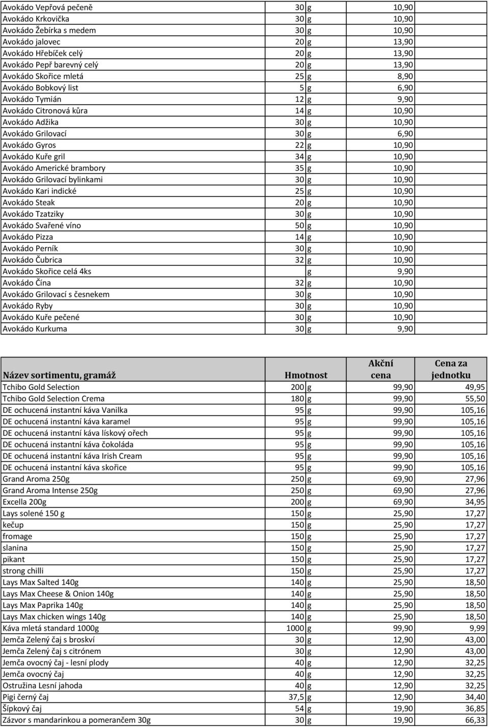 Avokádo Kuře gril 34 g 10,90 Avokádo Americké brambory 35 g 10,90 Avokádo Grilovací bylinkami 30 g 10,90 Avokádo Kari indické 25 g 10,90 Avokádo Steak 20 g 10,90 Avokádo Tzatziky 30 g 10,90 Avokádo