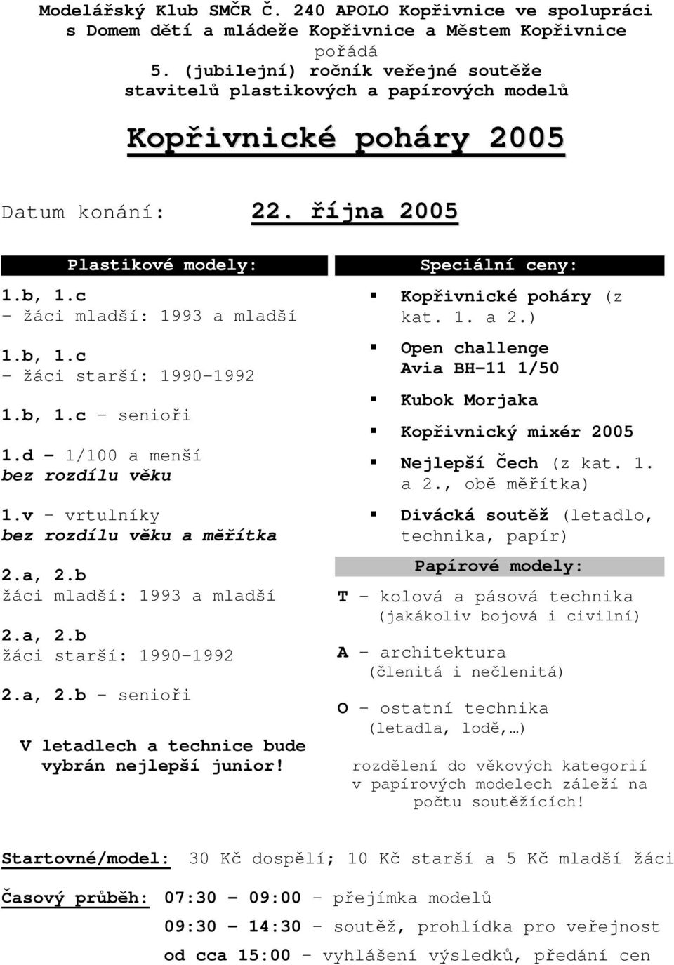 b, 1.c senioi 1.d 1/100 a menší bez rozdílu vku 1.v vrtulníky bez rozdílu vku a mítka 2.a, 2.b žáci mladší: 1993 a mladší 2.a, 2.b žáci starší: 1990-1992 2.a, 2.b senioi V letadlech a technice bude vybrán nejlepší junior!